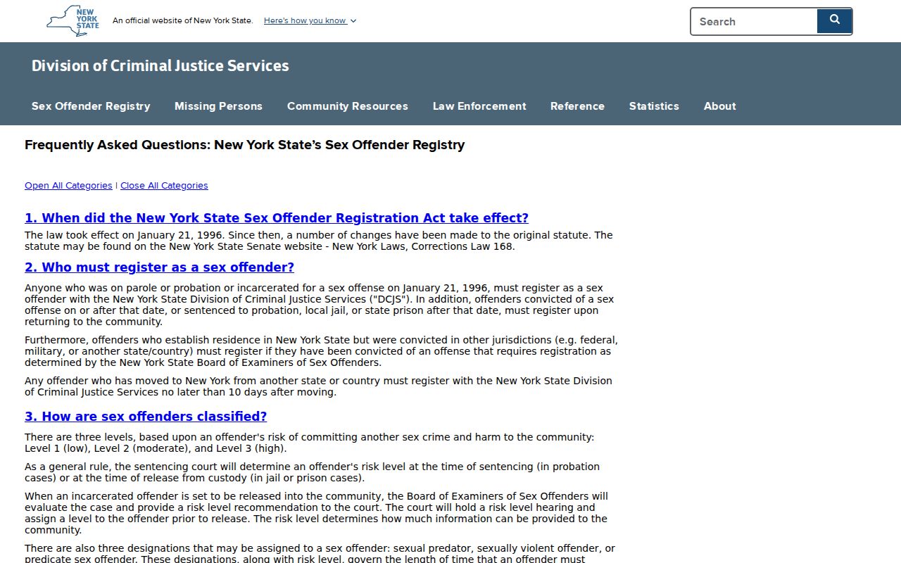 Montgomery County sex offender registration levels on the official DCJS FAQ