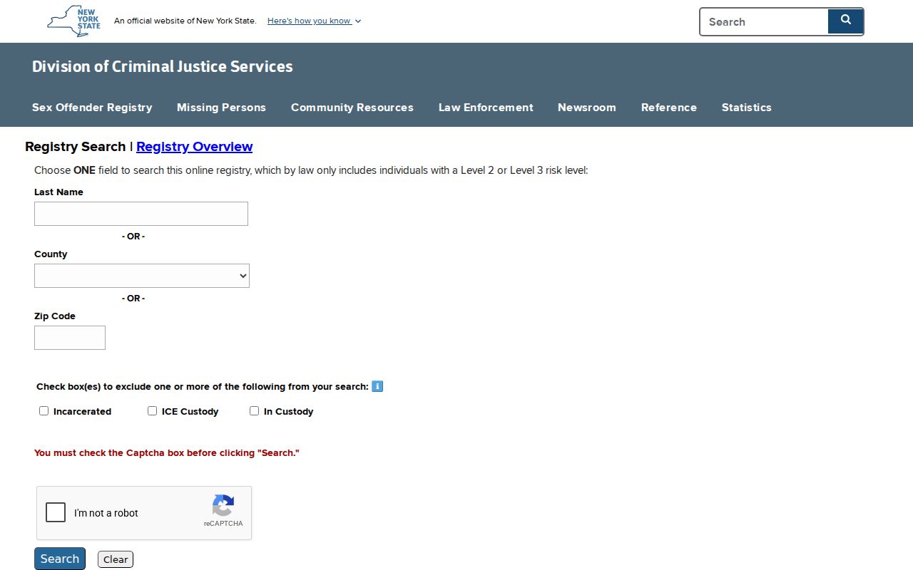 Montgomery County sex offender registry search fields in the DCJS directory